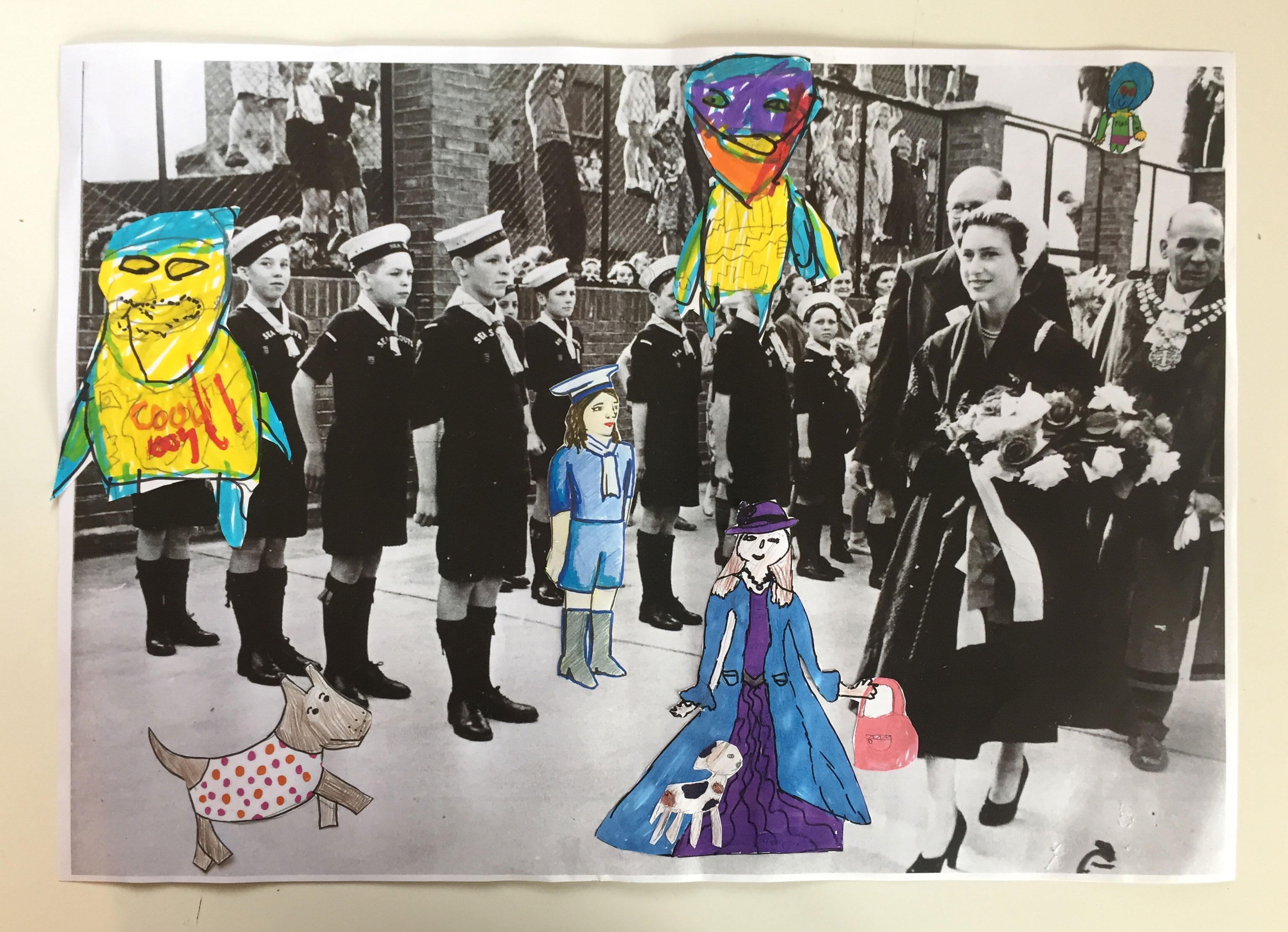 A collage of people and shapes drawn and placed on top of an old black and white photograph of the Queen visiting Barking and Dagenham