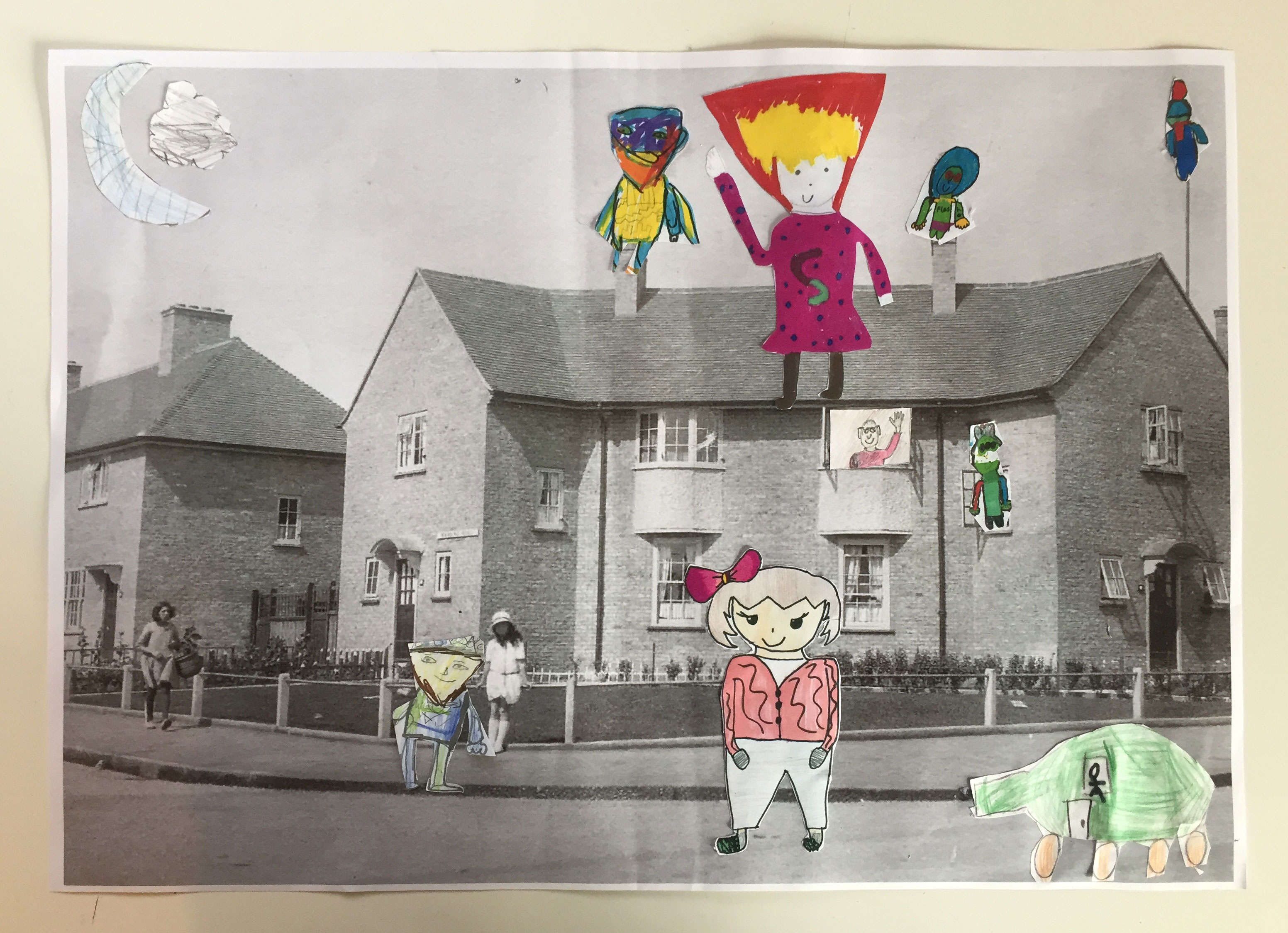 A collage of people and shapes drawn by the participants and placed on top of an old black and white photograph of a house