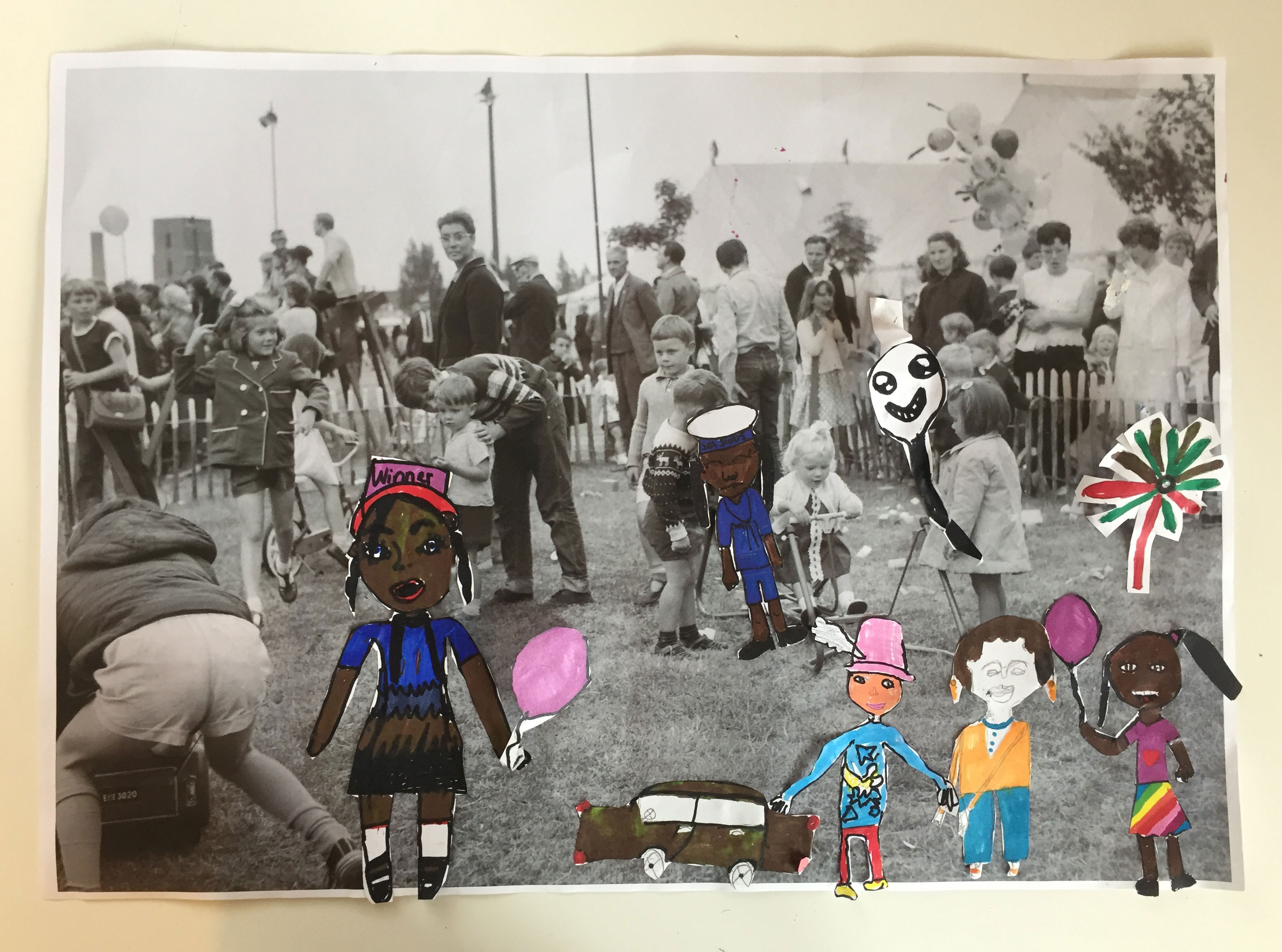 A collage of people and shapes drawn by the participants and placed on top of an old black and white photograph of a group of people socialising and playing