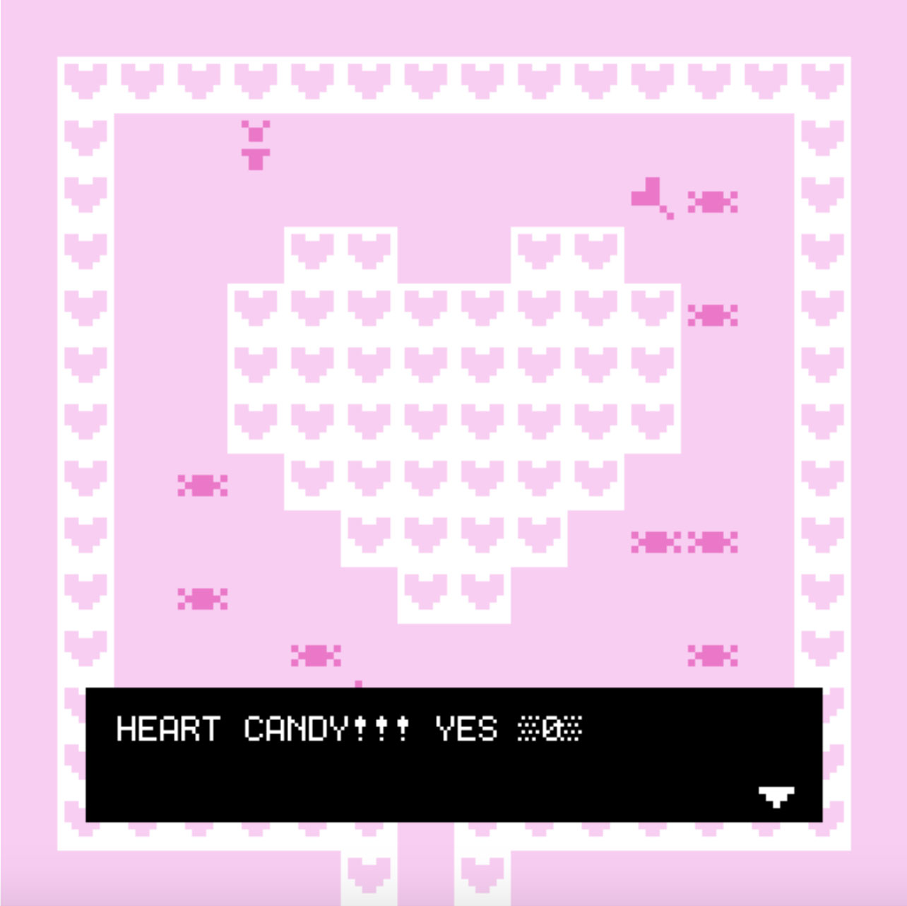 A digital art work with a pink background, a large white and pink heart placed in the middle with a border of pink and white hearts. Text displayed in a black text box