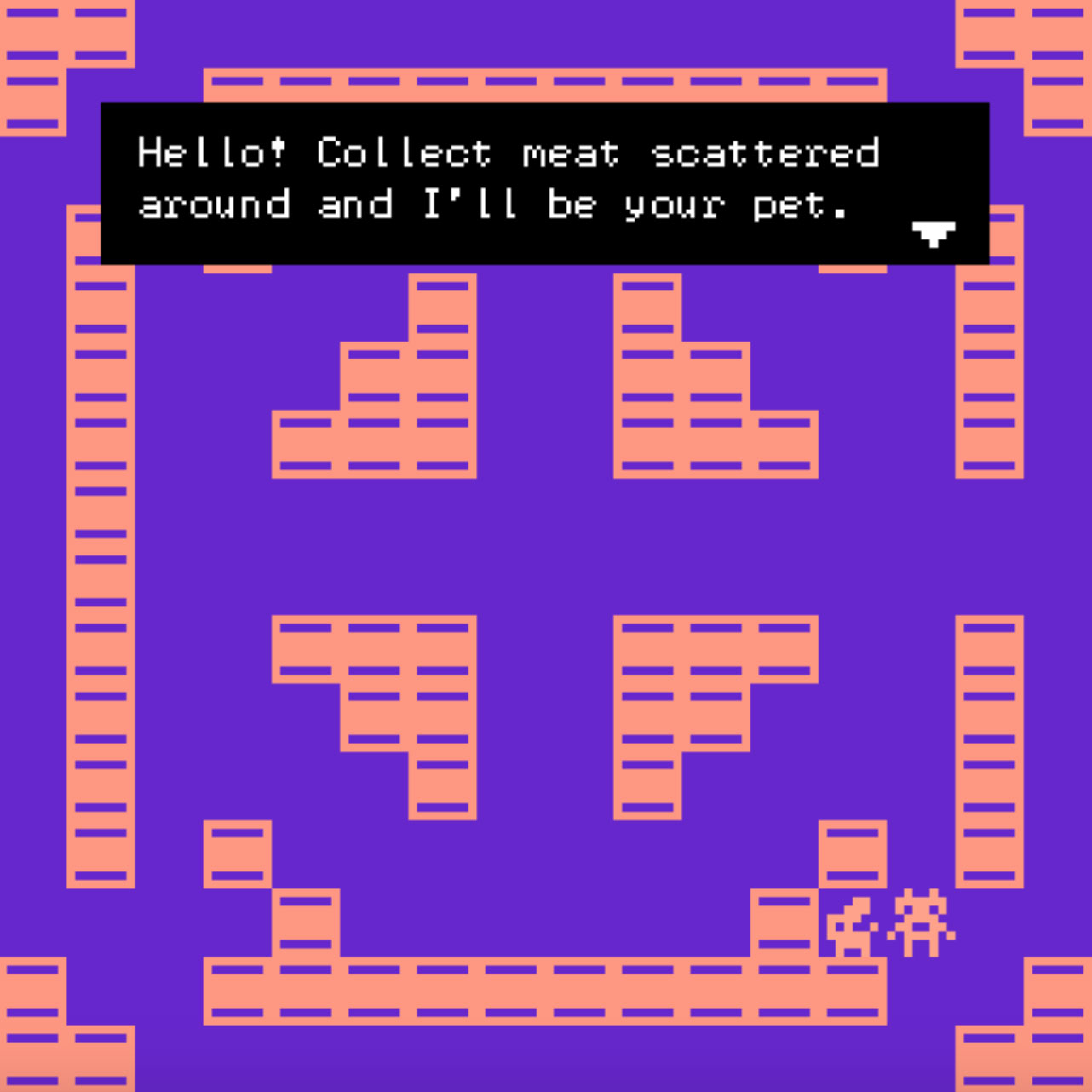 A digital art work with a purple background and pink squares dotted around the square. Text displayed in a black text box