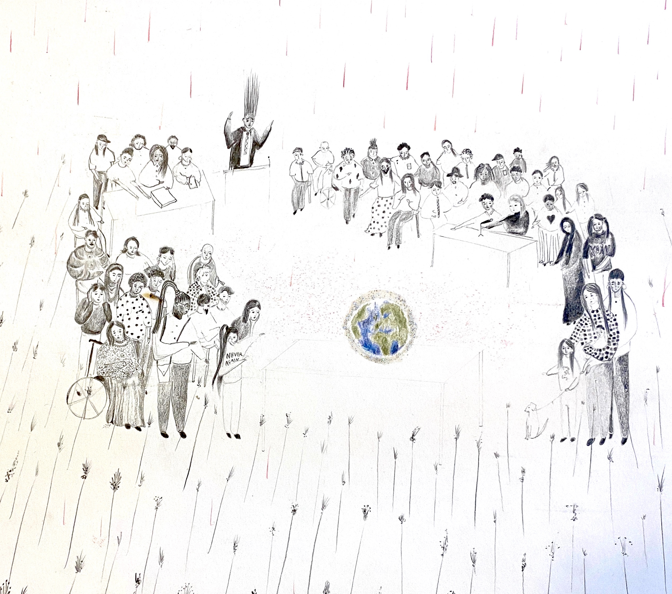 Hand drawing showing a gathering of around 30 people  of many ages, ethnicities along with pet and wheelchairs  congregated around a small representation of the earth